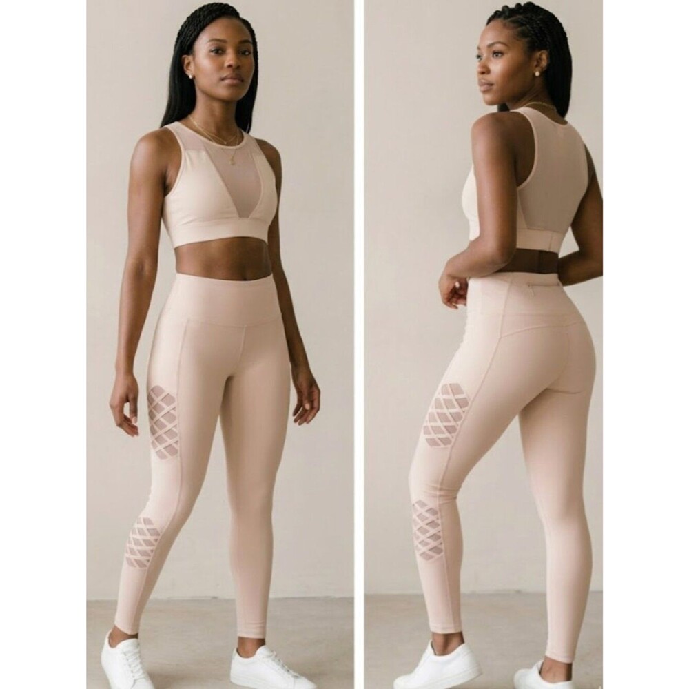 NEW LA Society Mesh Crisscross Nude Blush Active Leggings Womens XS S M
